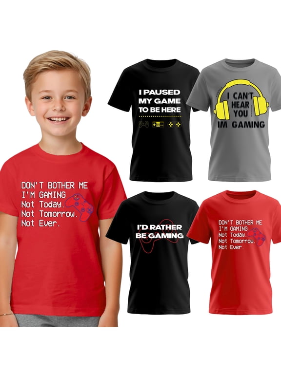 Boys 4-Pack Short Sleeve Crew Neck T-Shirt with Chest Print | Gaming, Play, Video Gamer Prints for Sizes 6-25
