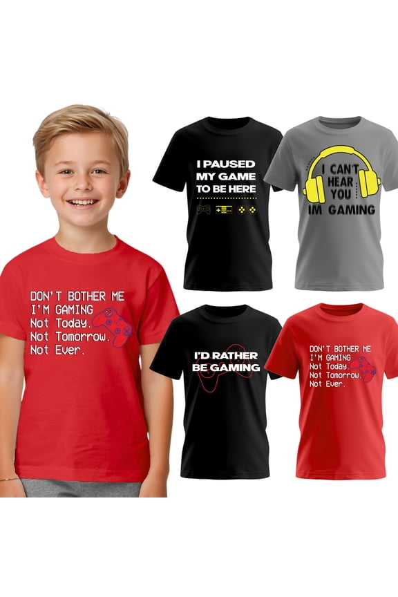 Boys 4-Pack Short Sleeve Crew Neck T-Shirt with Chest Print | Gaming, Play, Video Gamer Prints for Sizes 6-25