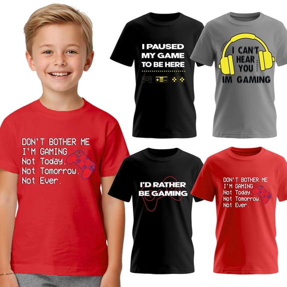 BROOKLYN VERTICAL Boys 4-Pack Short Sleeve Crew Neck T-Shirt with Chest Print | Gaming, Play, Video Gamer Prints for Sizes 6-27