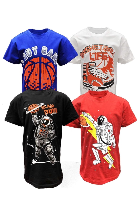 Boys 4-Pack Short Sleeve Crew Neck T-Shirt with Chest Print | Gaming, Play, Video Gamer Prints for Sizes 6-28