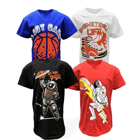 BROOKLYN VERTICAL Boys 4-Pack Short Sleeve Crew Neck T-Shirt with Chest Print | Gaming, Play, Video Gamer Prints for Sizes 6-30