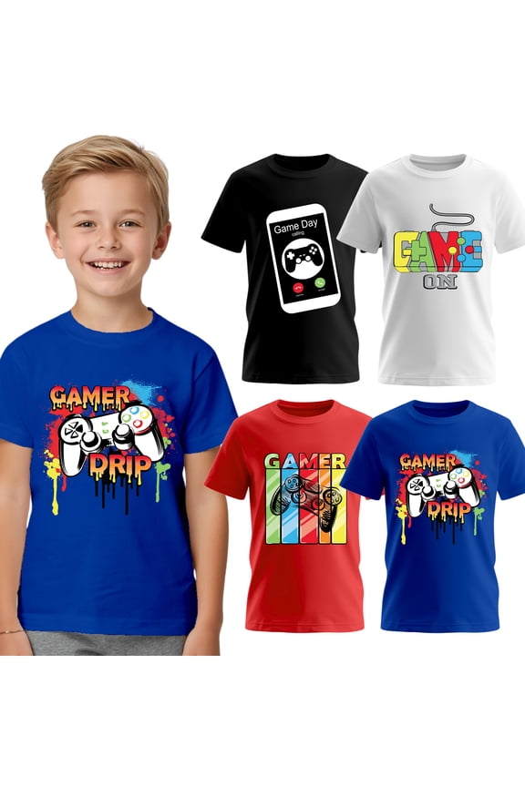 Boys 4-Pack Short Sleeve Crew Neck T-Shirt with Chest Print | Gaming, Play, Video Gamer Prints for Sizes 6-34