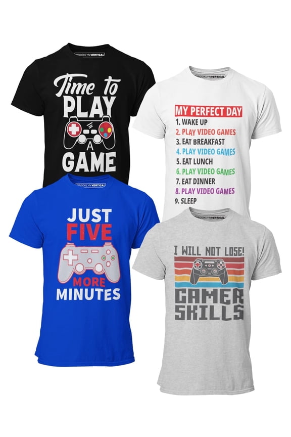 Boys 4-Pack Short Sleeve Crew Neck T-Shirt with Chest Print | Gaming, Play, Video Gamer Prints for Sizes 6-36