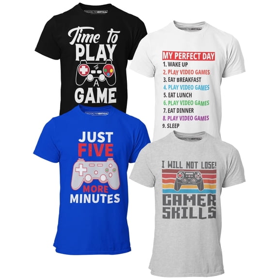 BROOKLYN VERTICAL Boys 4-Pack Short Sleeve Crew Neck T-Shirt with Chest Print | Gaming, Play, Video Gamer Prints for Sizes 6-38