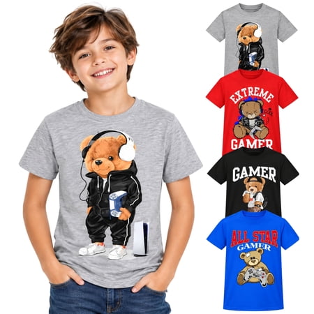 BROOKLYN VERTICAL Boys 4-Pack Short Sleeve Crew Neck T-Shirt with Chest Print | Gaming, Play, Video Gamer Prints for Sizes 6-42