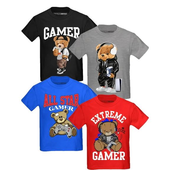 BROOKLYN VERTICAL Boys 4-Pack Short Sleeve Crew Neck T-Shirt with Chest Print | Gaming, Play, Video Gamer Prints for Sizes 6-43