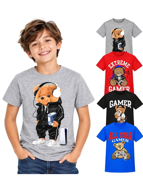 Boys 4-Pack Short Sleeve Crew Neck T-Shirt with Chest Print | Gaming, Play, Video Gamer Prints for Sizes 6-43