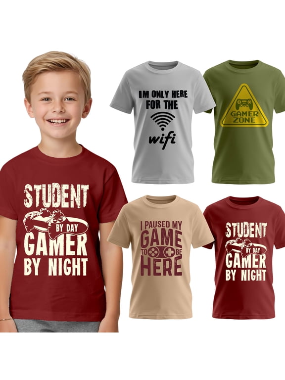 Boys 4-Pack Short Sleeve Crew Neck T-Shirt with Chest Print | Gaming, Play, Video Gamer Prints for Sizes 6-45