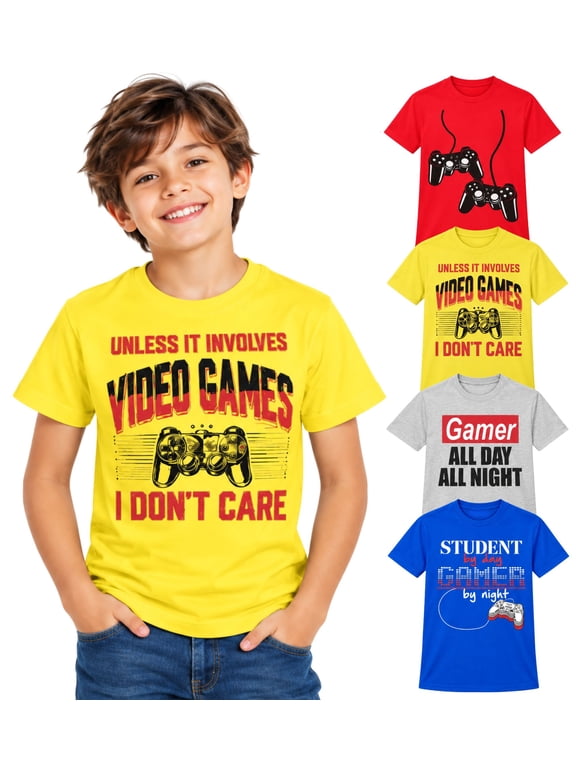 Boys 4-Pack Short Sleeve Crew Neck T-Shirt with Chest Print | Gaming, Play, Video Gamer Prints for Sizes 6-49