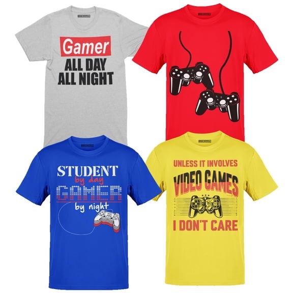 BROOKLYN VERTICAL Boys 4-Pack Short Sleeve Crew Neck T-Shirt with Chest Print | Gaming, Play, Video Gamer Prints for Sizes 6-50