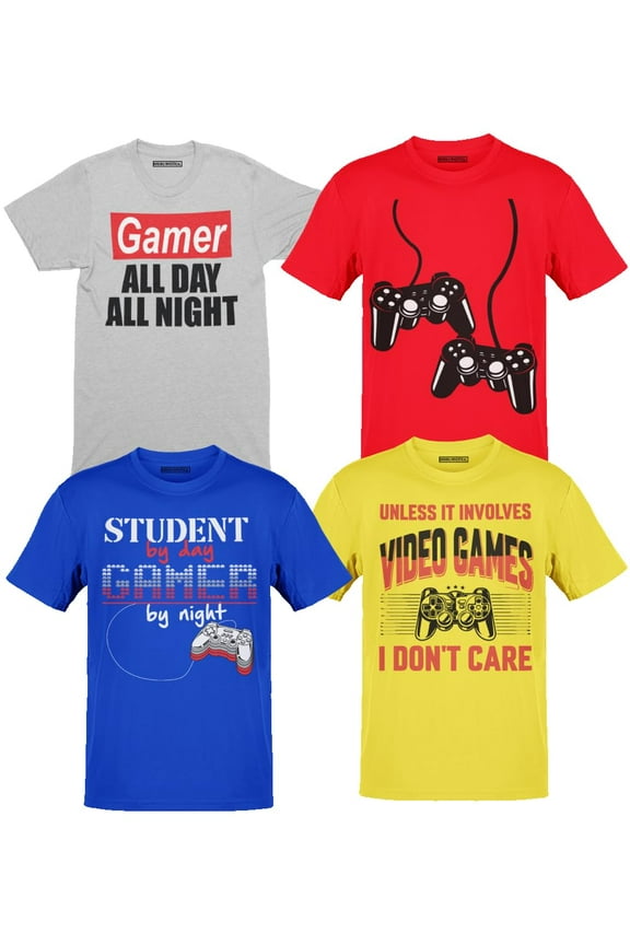 Boys 4-Pack Short Sleeve Crew Neck T-Shirt with Chest Print | Gaming, Play, Video Gamer Prints for Sizes 6-50