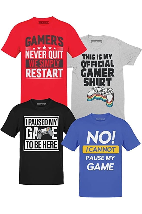 Boys 4-Pack Short Sleeve Crew Neck T-Shirt with Chest Print | Gaming, Play, Video Gamer Prints for Sizes 6-53