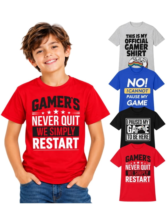 Boys 4-Pack Short Sleeve Crew Neck T-Shirt with Chest Print | Gaming, Play, Video Gamer Prints for Sizes 6-54