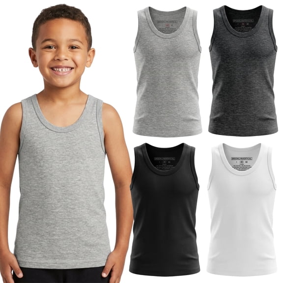 BROOKLYN VERTICAL Boys 4 Pack Undershirt Tank Top - Tagless Cotton Super Soft