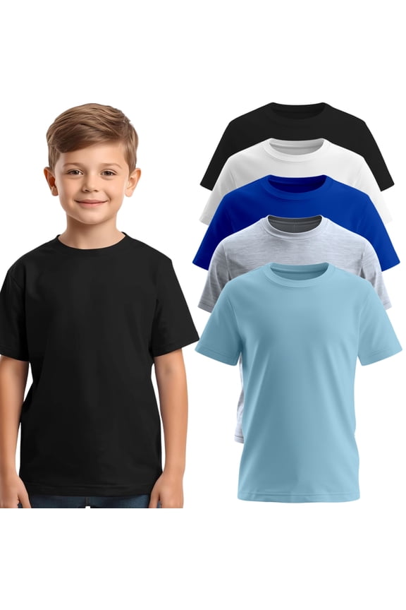 Boys 5-Pack Short Sleeve T-Shirts – 100% Pre-Shrunk Cotton, Crew Neck, Regular Fit