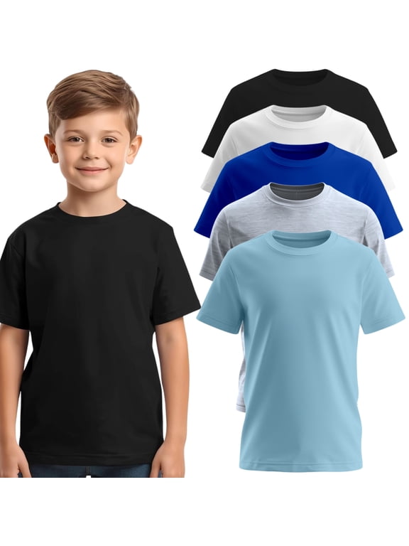 Boys 5-Pack Short Sleeve T-Shirts – 100% Pre-Shrunk Cotton, Crew Neck, Regular Fit