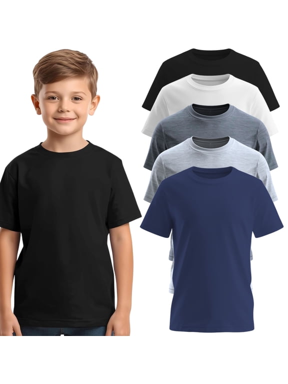 Boys 5-Pack Short Sleeve T-Shirts – 100% Pre-Shrunk Cotton, Crew Neck, Regular Fit