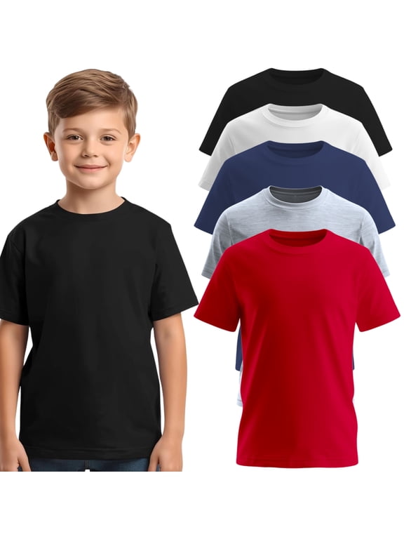 Boys 5-Pack Short Sleeve T-Shirts – 100% Pre-Shrunk Cotton, Crew Neck, Regular Fit
