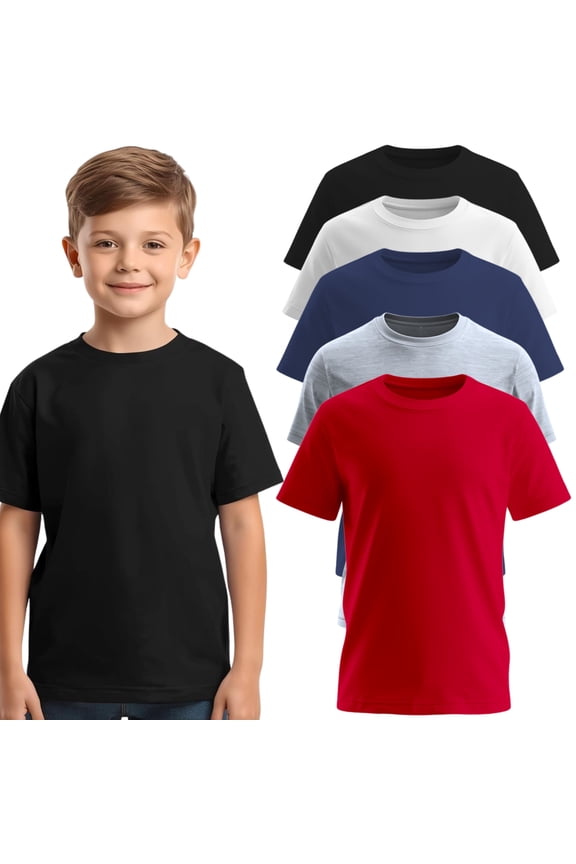 Boys 5-Pack Short Sleeve T-Shirts – 100% Pre-Shrunk Cotton, Crew Neck, Regular Fit