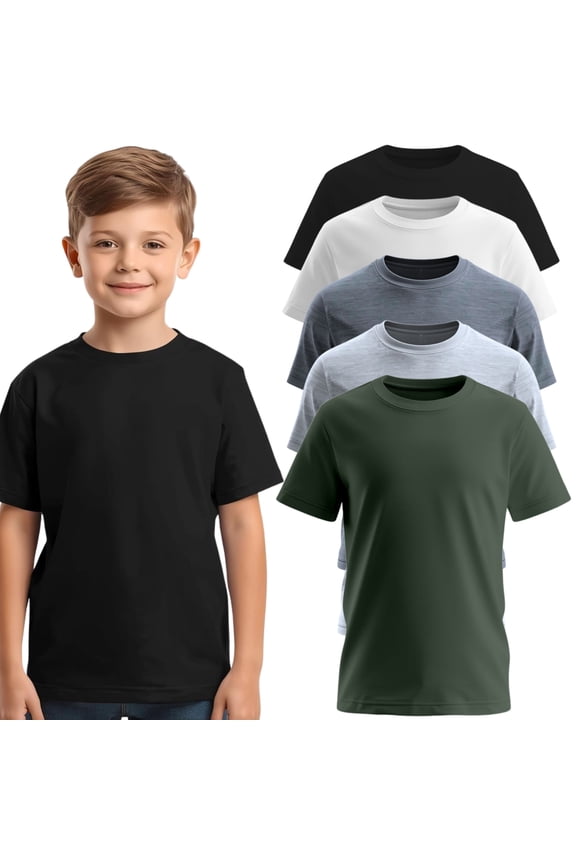 Boys 5-Pack Short Sleeve T-Shirts – 100% Pre-Shrunk Cotton, Crew Neck, Regular Fit