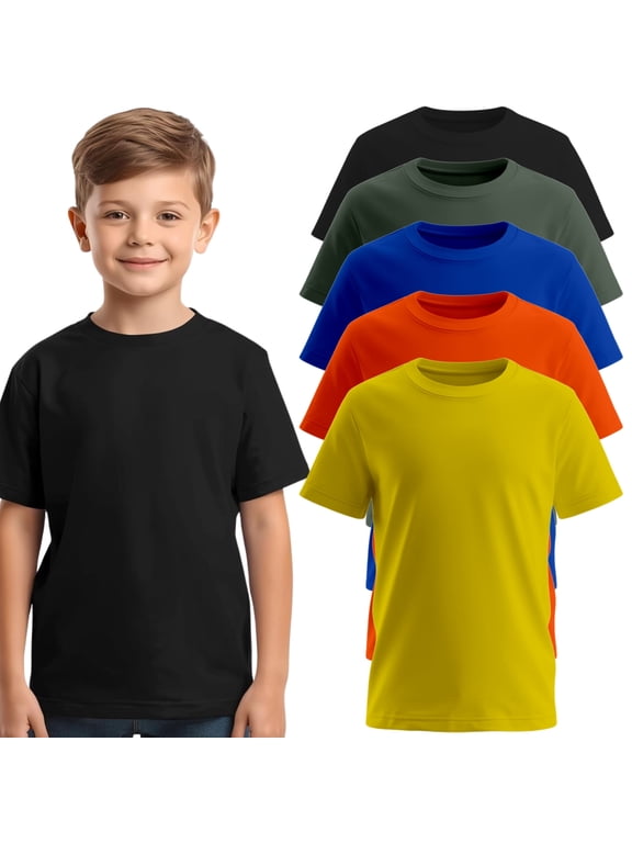 Boys 5-Pack Short Sleeve T-Shirts – 100% Pre-Shrunk Cotton, Crew Neck, Regular Fit