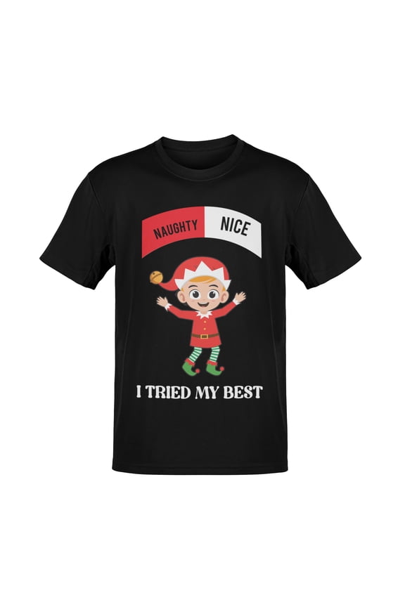 Funny Christmas Santa Naughty Nice Holiday Short Sleeve Crew Neck T-Shirt | for Boys and Girls