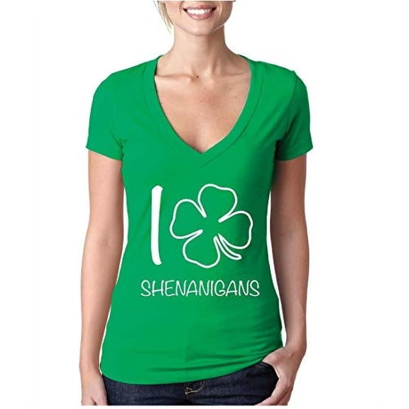 Brooklyn Vertical Women’s Shamrock Shenanigans V-Neck T-Shirt, St. Patrick’s Day Short Sleeve Graphic Tee, Green, Medium