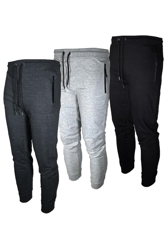 Mens 3 Pack Fleece Active Jogger Sweatpants with Zipper Pocket and Drawstring Size S-2XL
