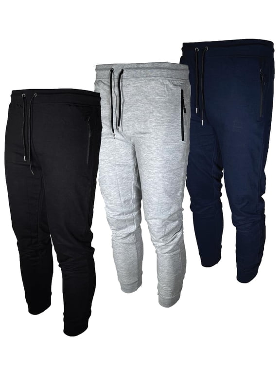 Mens 3 Pack Fleece Active Jogger Sweatpants with Zipper Pocket and Drawstring Size S-2XL
