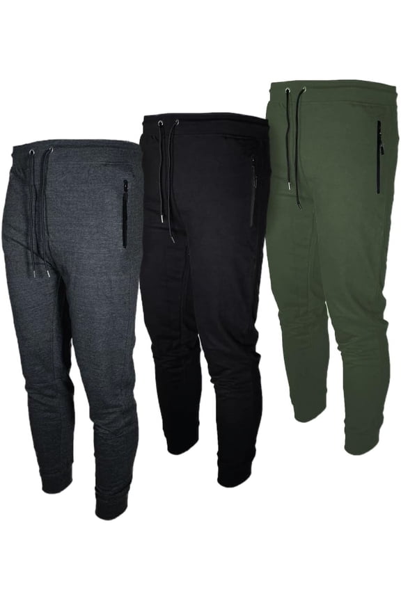 Mens 3 Pack Fleece Active Jogger Sweatpants with Zipper Pocket and Drawstring Size S-2XL