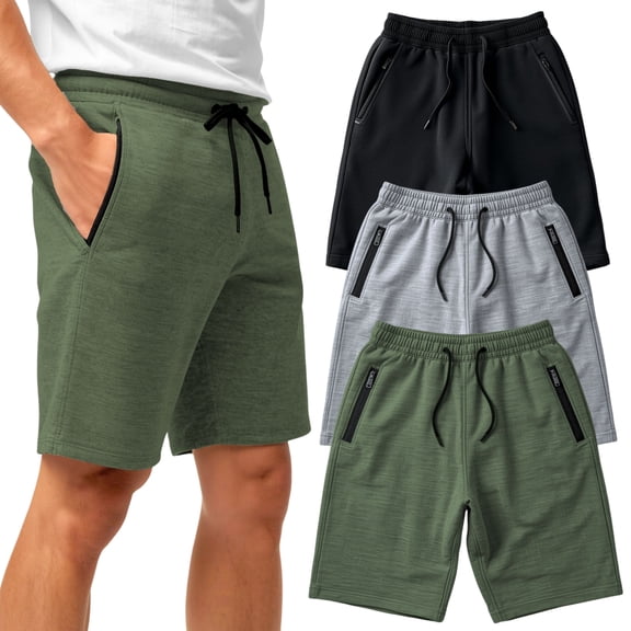 BROOKLYN VERTICAL Mens 3 Pack Fleece Cotton Active Jogger Shorts with Zipper Pockets and Drawstring | Size S-2XL