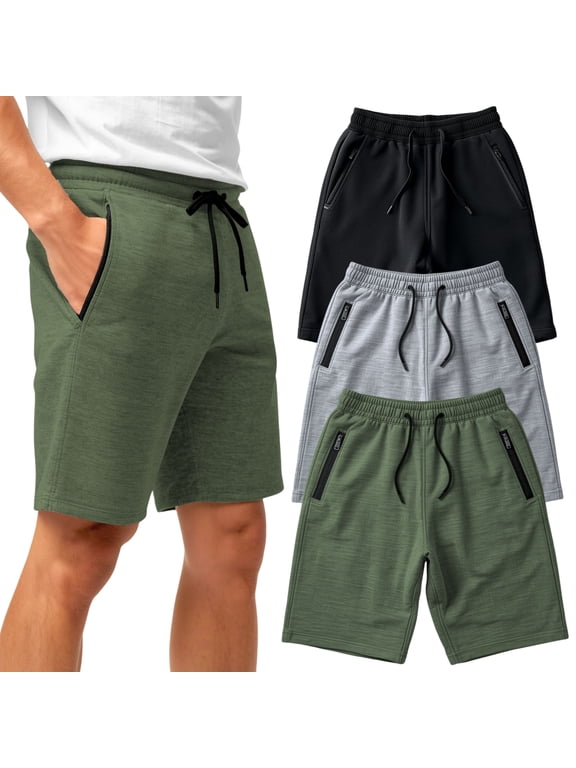 Mens 3 Pack Fleece Cotton Active Jogger Shorts with Zipper Pockets and Drawstring | Size S-2XL