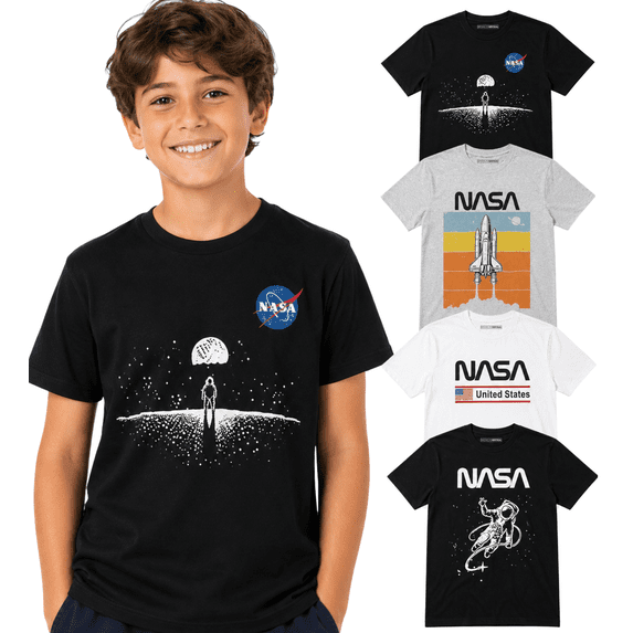 BROOKLYN VERTICAL Officially Approved NASA Product 4-Pack Boys Short Sleeve Crew Neck T-Shirt with Chest Print | Soft Cotton Sizes 6-20