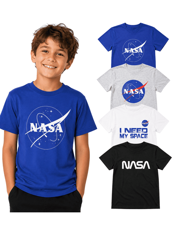 Officially Approved NASA Product 4-Pack Boys Short Sleeve Crew Neck T-Shirt with Chest Print | Soft Cotton Sizes 6-20