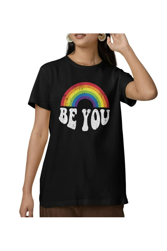 Pride Short Sleeve T-Shirt, Rainbow Heart Design, Inclusivity Messages (US, Alpha, Medium, Regular, Regular, Print 3)