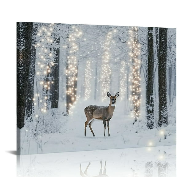 BROOKMAPLES 16" x 12" Lighted Canvas Wall Art Prints Deer Walking in the Forest Picture Winter Scene Artwork for Holiday Decor 16x12in