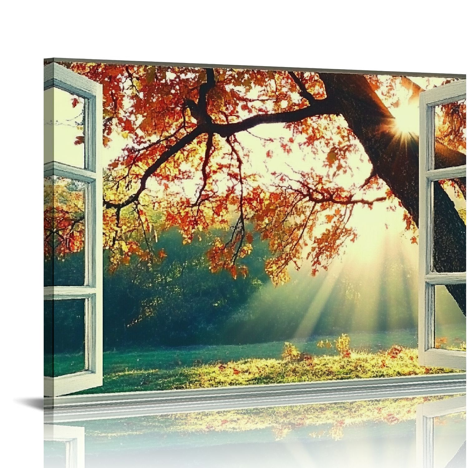 BROOKMAPLES Canvas Print Wall Art Window View Orange Autumn Fall Forest ...