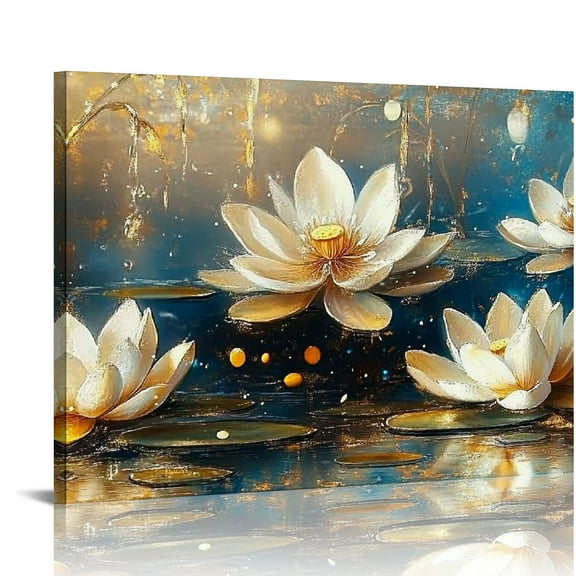 BROOKMAPLES Large Canvas Wall Art for Living Room Bedroom Home Office Blue White Lotus Flower Picture Framed Canvas Prints Artwork Ready to Hang Size 24x48 20x16in