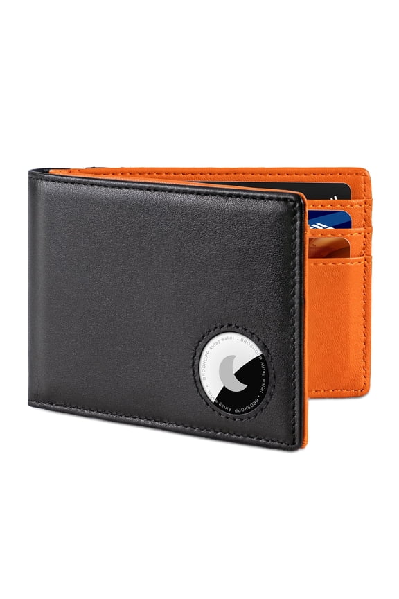 Men’s Bifold Full-Grain Leather Wallet with AirTag Holder, RFID Blocking, 9 Card Slots, ID Window (Black & Orange)