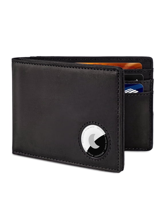 Men’s Bifold Full-Grain Leather Wallet with AirTag Holder, RFID Blocking, 9 Card Slots, ID Window (Black)
