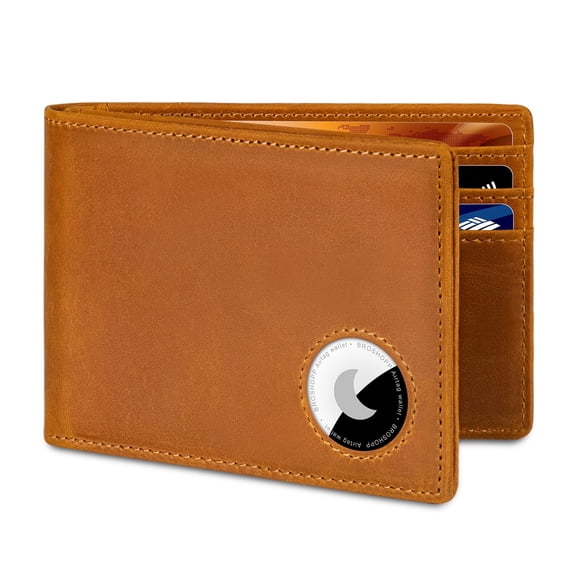 BROSHOPP Men’s Bifold Full-Grain Leather Wallet with AirTag Holder, RFID Blocking, 9 Card Slots, ID Window (Desert Brown)