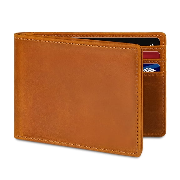 BROSHOPP Men’s Full-Grain Leather Bifold Wallet with RFID Blocking, 9 Card Slots, ID Window (Desert Brown)