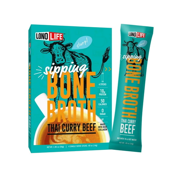 LonoLife Thai Curry Beef Bone Broth Powder Mix | Grass-Fed, 10g Protein | Collagen-Rich, Keto & Paleo Friendly | Natural Ingredients | 24 Portable Stick Pack Servings
