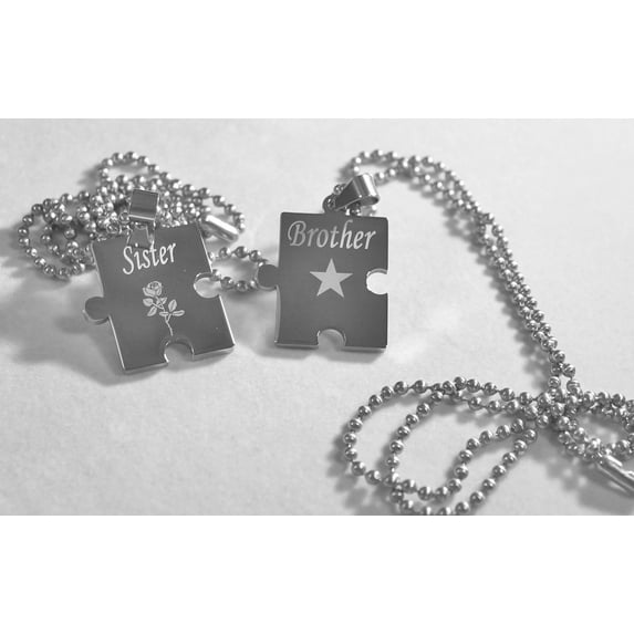 BROTHER SISTER PUZZLE PIECE TWO DOG TAGS, SOLID STAINLESS STEEL BALL CHAIN NECKLACE