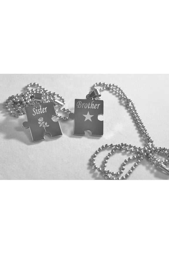 BROTHER SISTER PUZZLE PIECE TWO DOG TAGS, SOLID STAINLESS STEEL BALL CHAIN NECKLACE