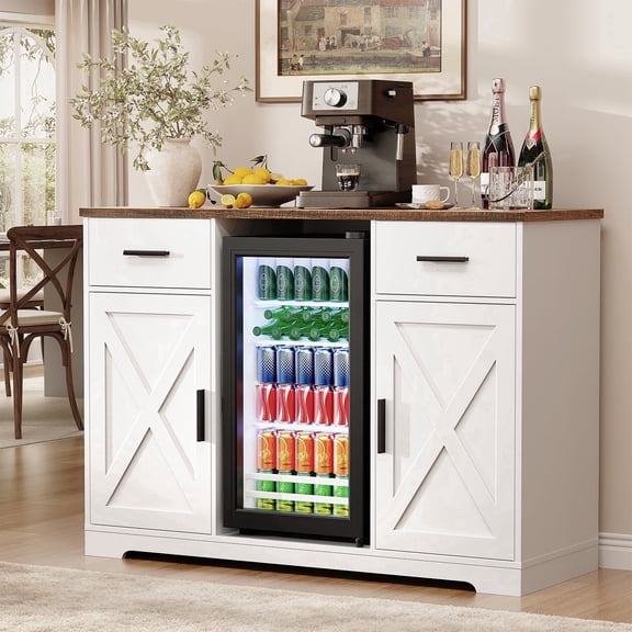 BROTTAR 47" Farmhouse Coffee Bar Cabinet with Fridge Included, Buffet Sideboard Table Station with 2 Drawers & Wide Countertop for Home, Dining Room,White