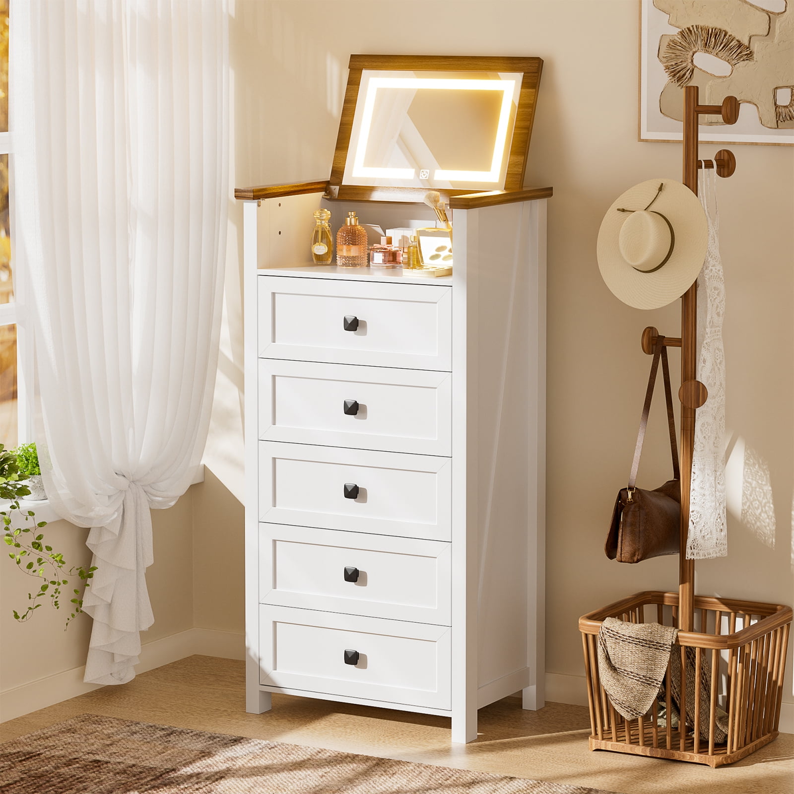BROTTAR 5 Drawer Dresser with Flip Top Mirror, 47