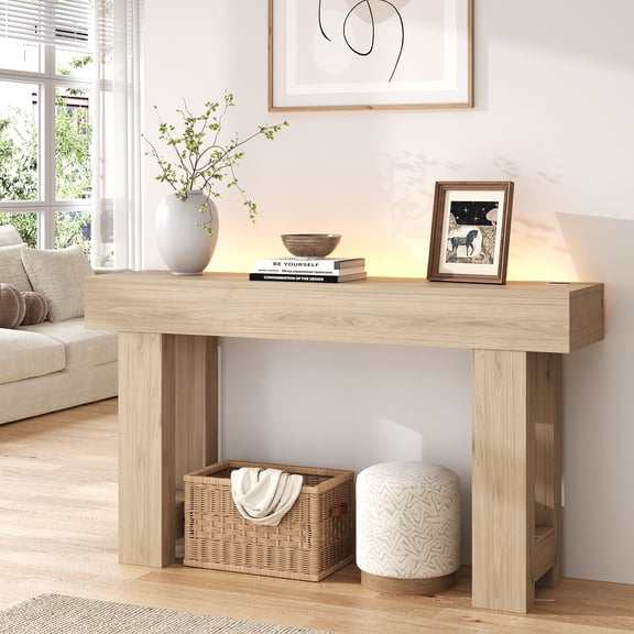 BROTTAR 55" Long Console Table, Entryway Table with Lights, Wood Sofa Table with Human Body Sensor, Farmhouse Entry Table with Open Storage, Foyer Table for Entrance Hallway Living Room, Natural Oak