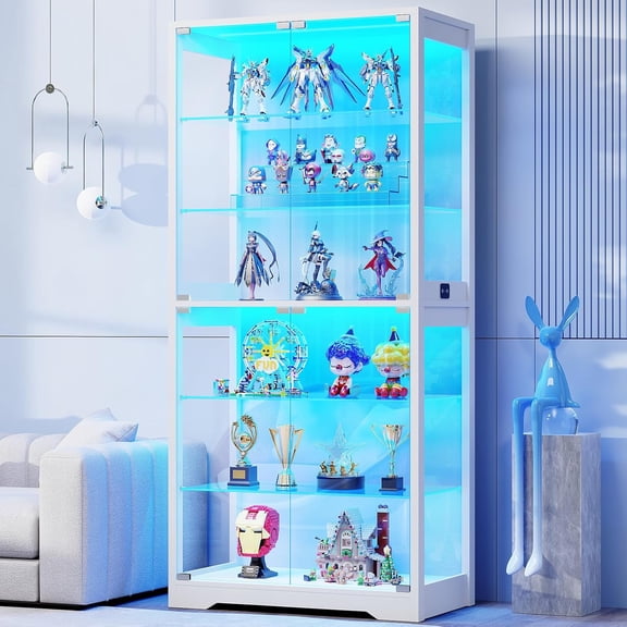BROTTAR 6-Tier 71" Display Cabinet with Glass Door, Curio Cabinet with 3 Color Lights for Collectibles, Display Case with Adjustable Glass Shelves, Human Body Sensor, Storage Cabinets, White
