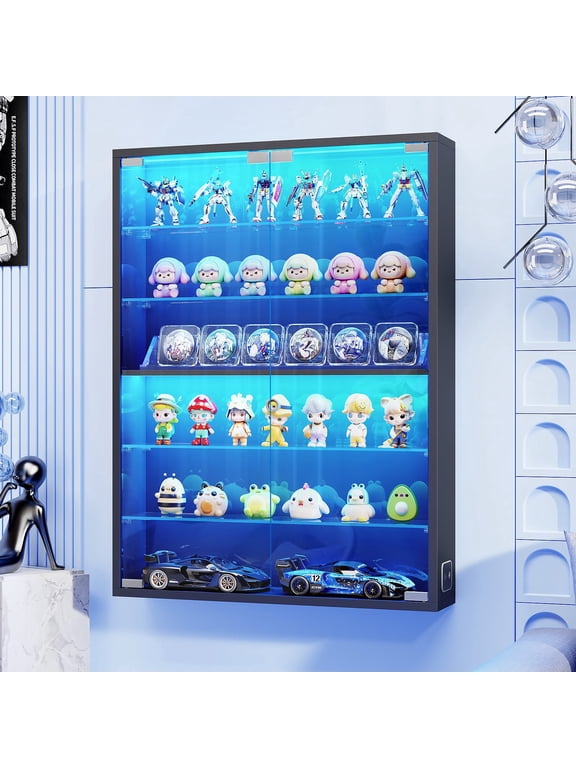6-Tier Wall Display Case with Glass Doors, LED Display Cabinet with Adjustable Glass Shelves, Display Case for Collectibles, Black